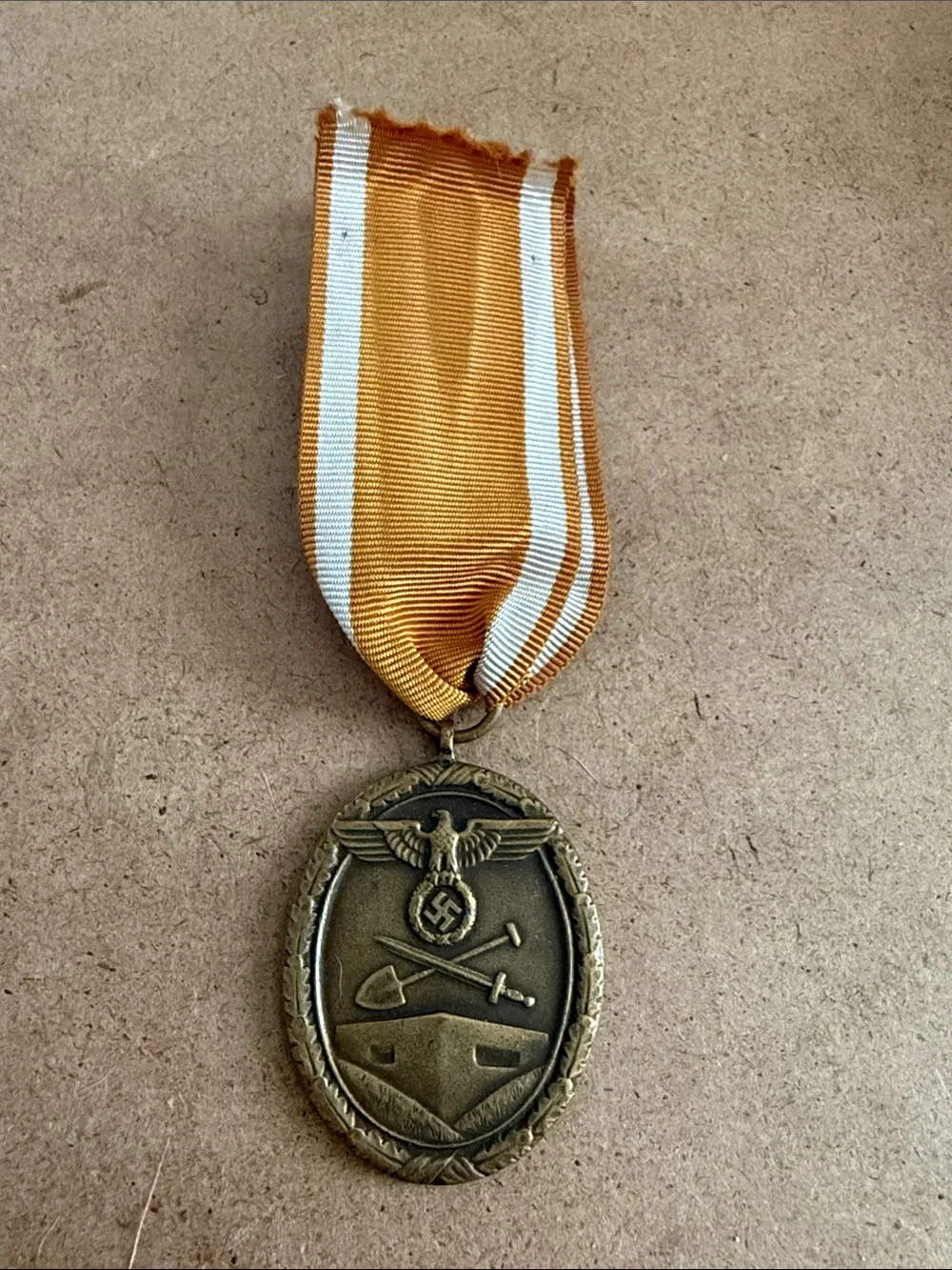 Vintage Military West Wall Bronze Medal with Orange and White Ribbon